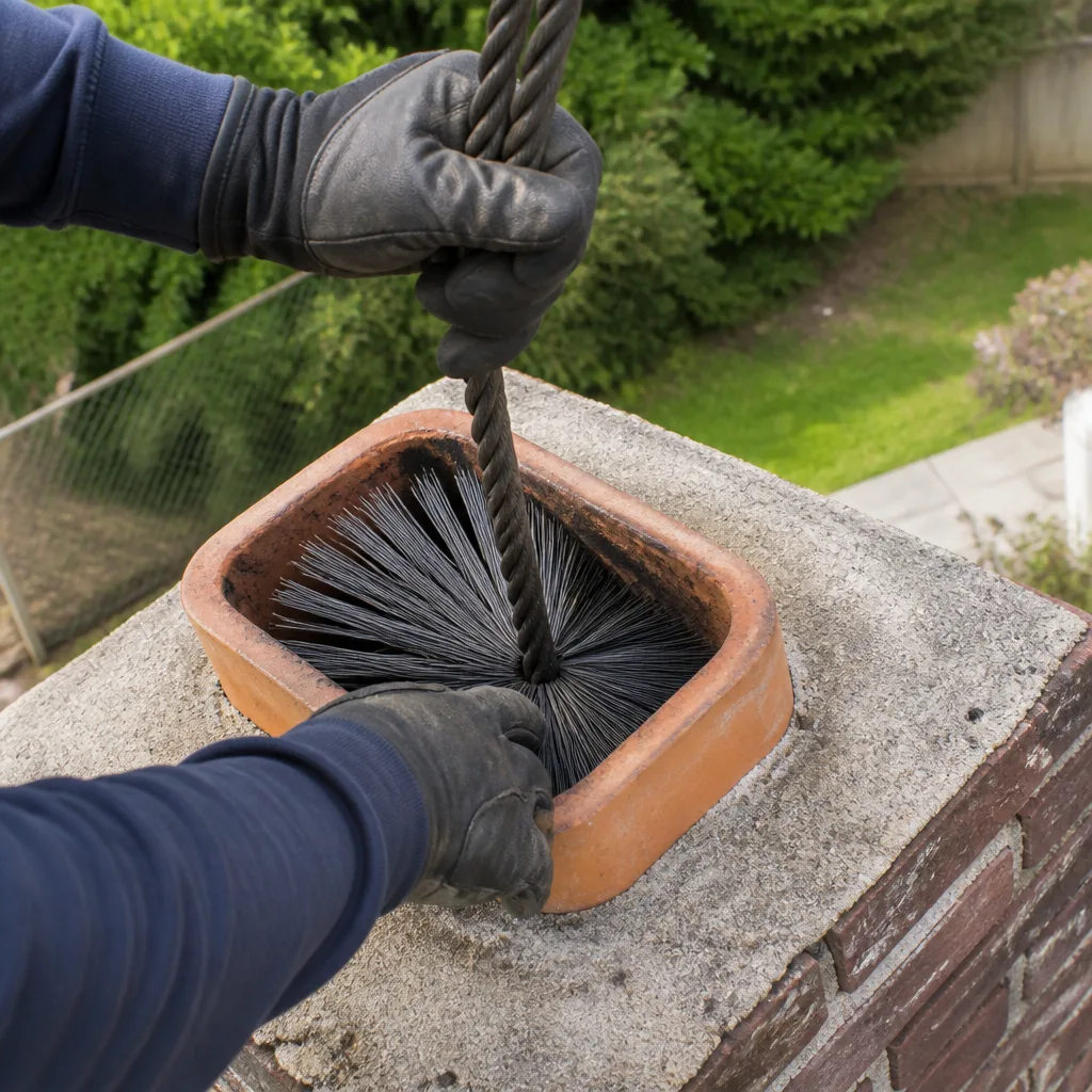 Professional chimney sweep cleaning a brick chimney flue with wire brush
