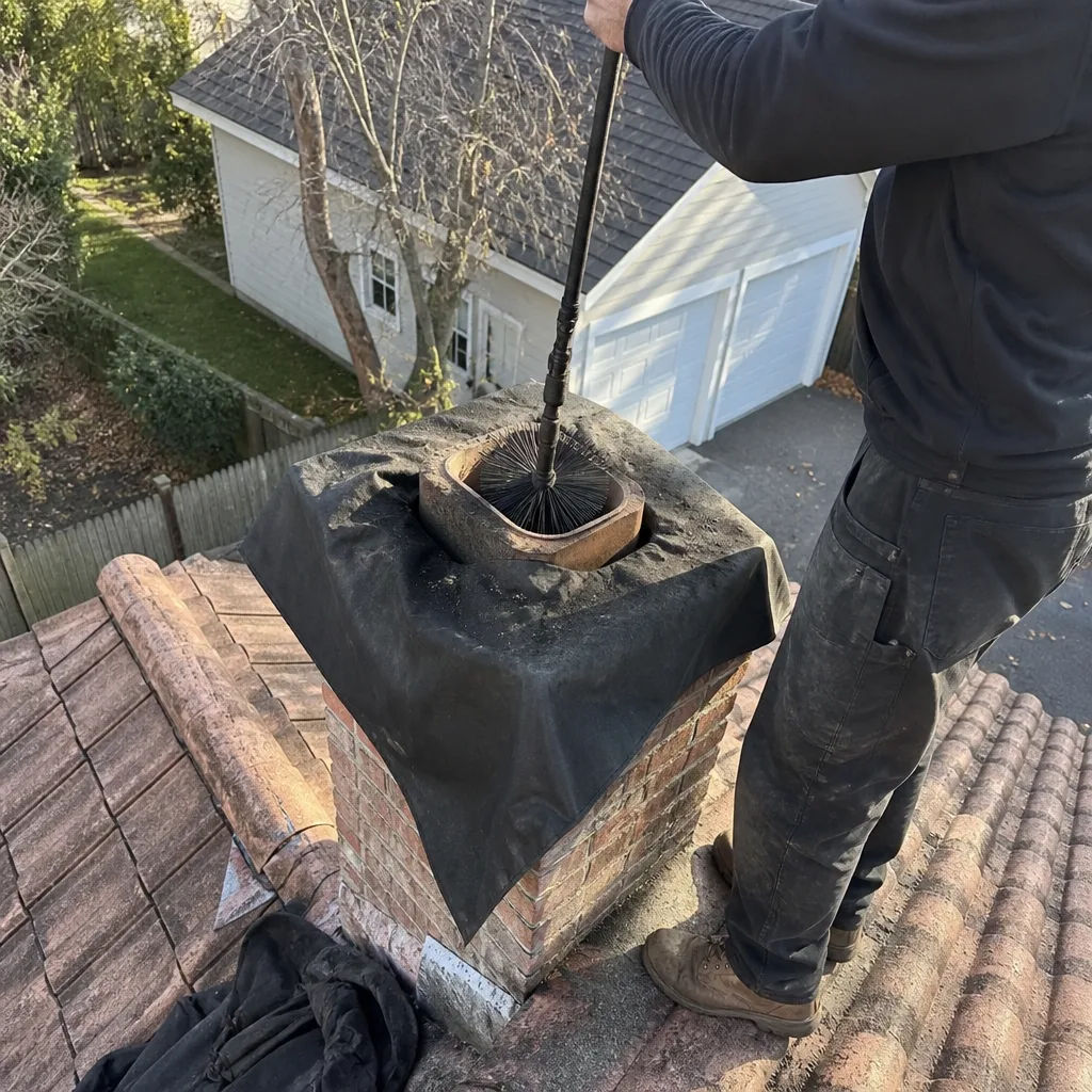 Professional chimney sweep cleaning a residential chimney flue from the roof.