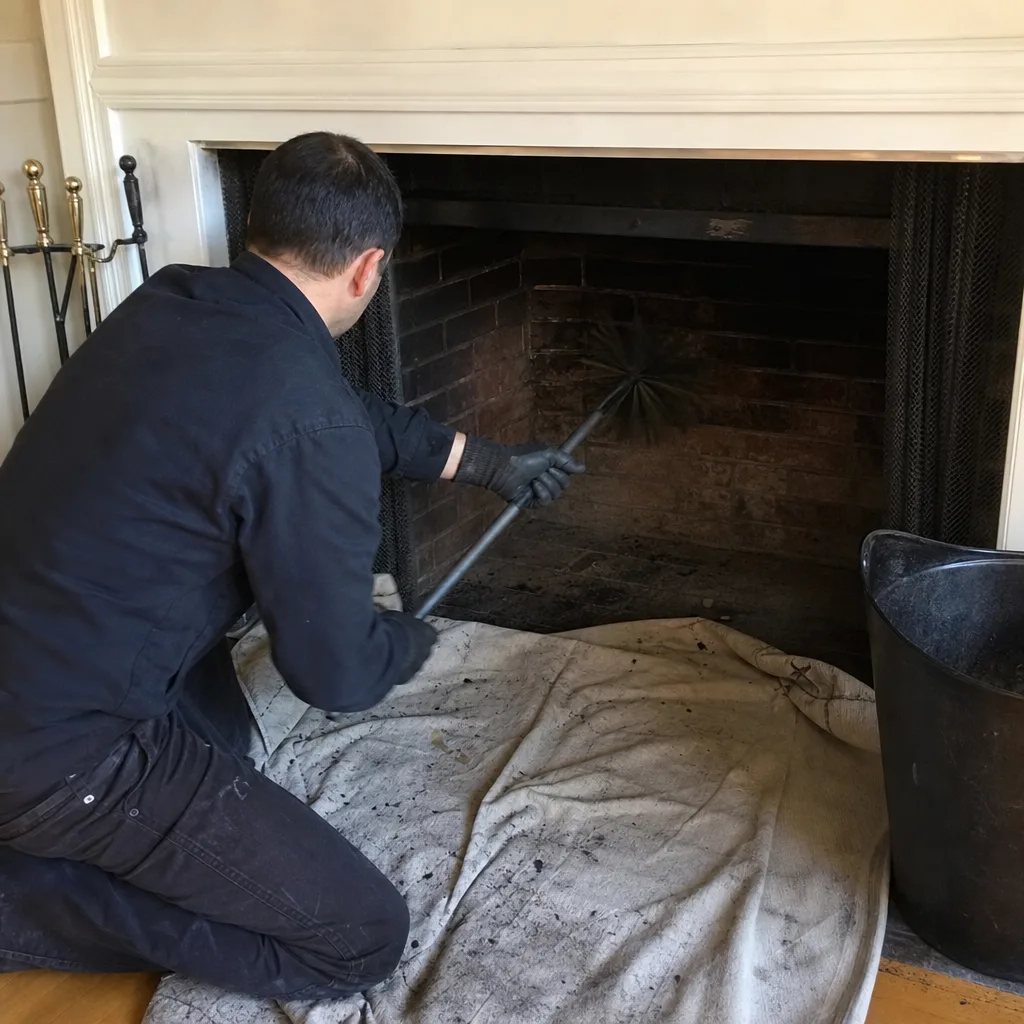 Professional chimney sweep cleaning soot from a brick fireplace interior