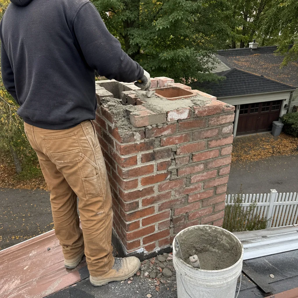 Professional masonry contractor repairing a brick chimney on a residential roof