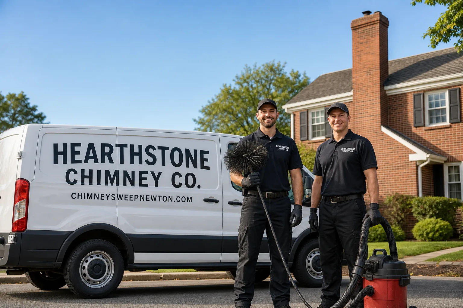 Hearthstone Chimney Co. chimney cleaning service vehicle and crew in Newton, MA